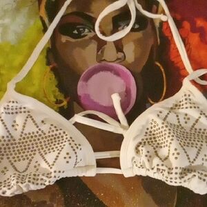 White and Gold Geometric Bikini Top with Thin Straps